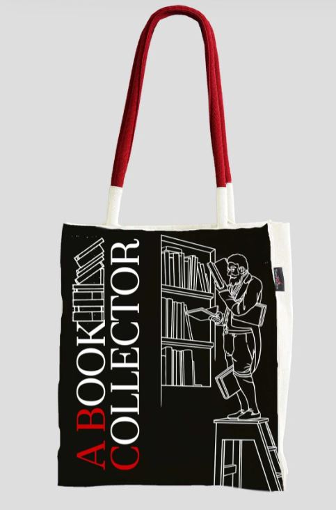 Canvas Shoulder Tote. Black and White Bag with Red Handles. Design A Book Collector with A Guy Reading and Grabbing Books. ABC is highlighted in red