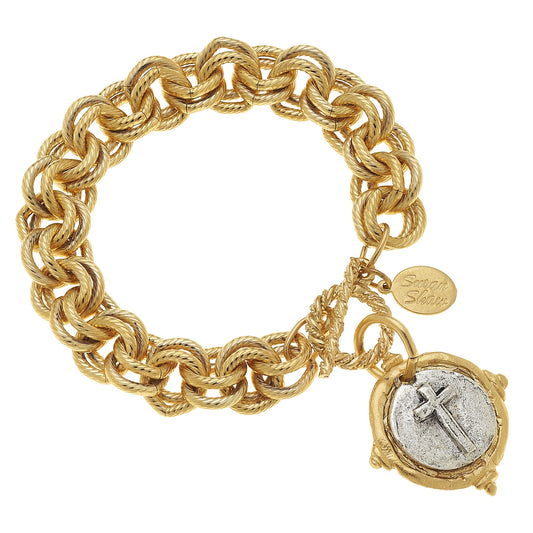 Get ready to shine with the Handcast Gold &amp; Silver Italian Intaglio Cross Bracelet by the talented Susan Shaw - it has a toggle closer that fits small to medium wrists!
