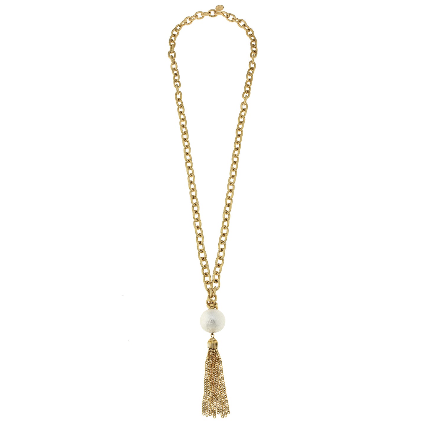 Susan Shaw's 32" Gold Chain with White Cotton Pearl and Tassel is the perfect quirky addition to any jewelry collection.