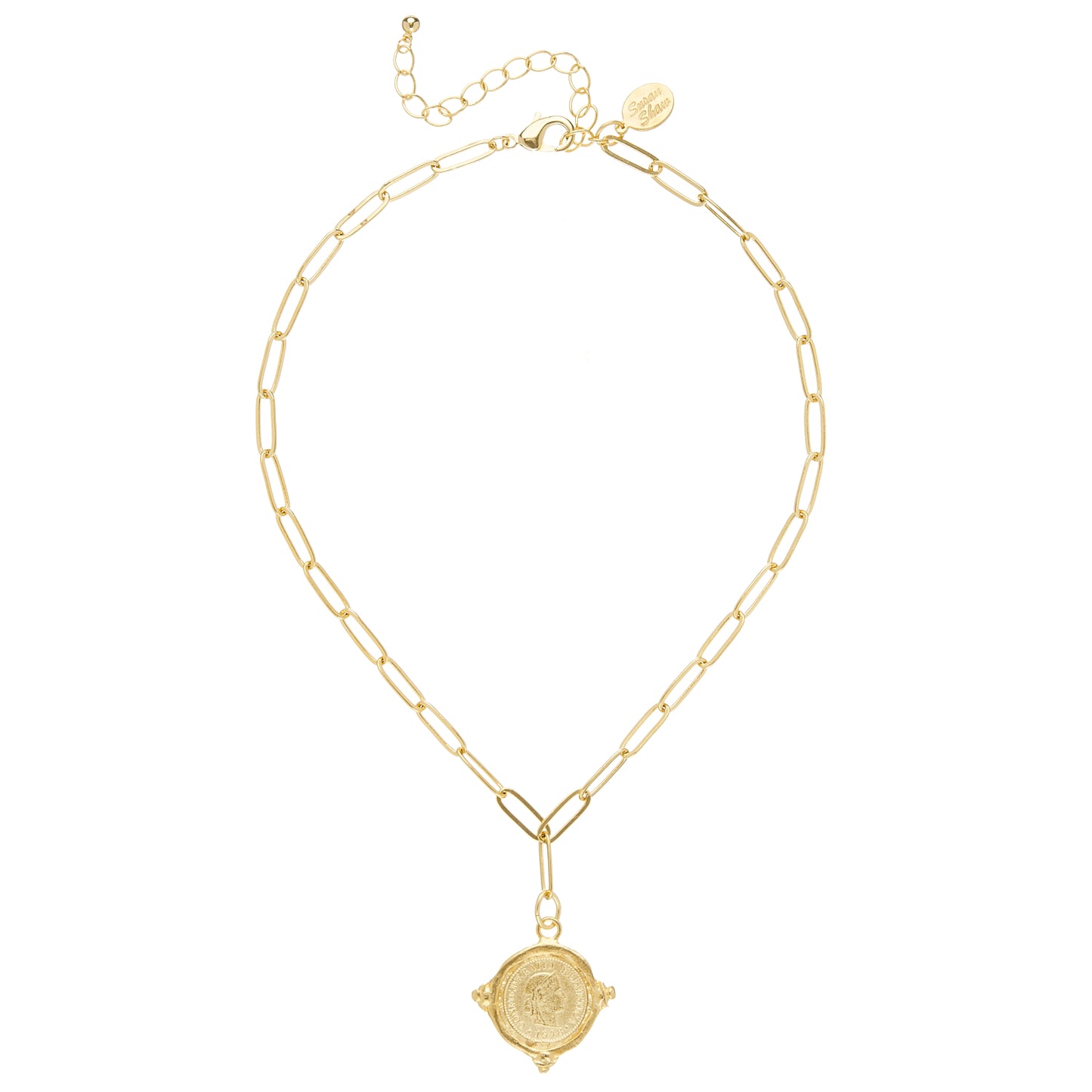 Get ready to feel like a treasure with this unique Paperclip Gold Coin Necklace! Featuring a genuine Italian coin at its center, this 24k triple gold plated accessory is handcrafted by the talented Susan Shaw. With a 16" length and 3" extender chain, this necklace is sure to add some playful charm to any outfit.