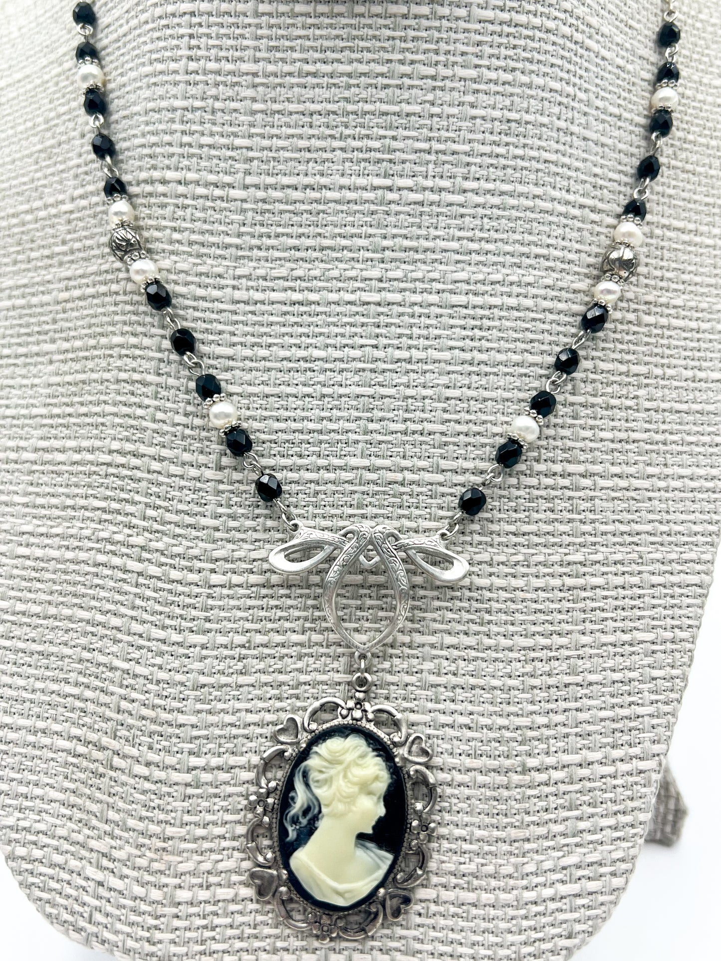 Black Cameo Necklace in Silver