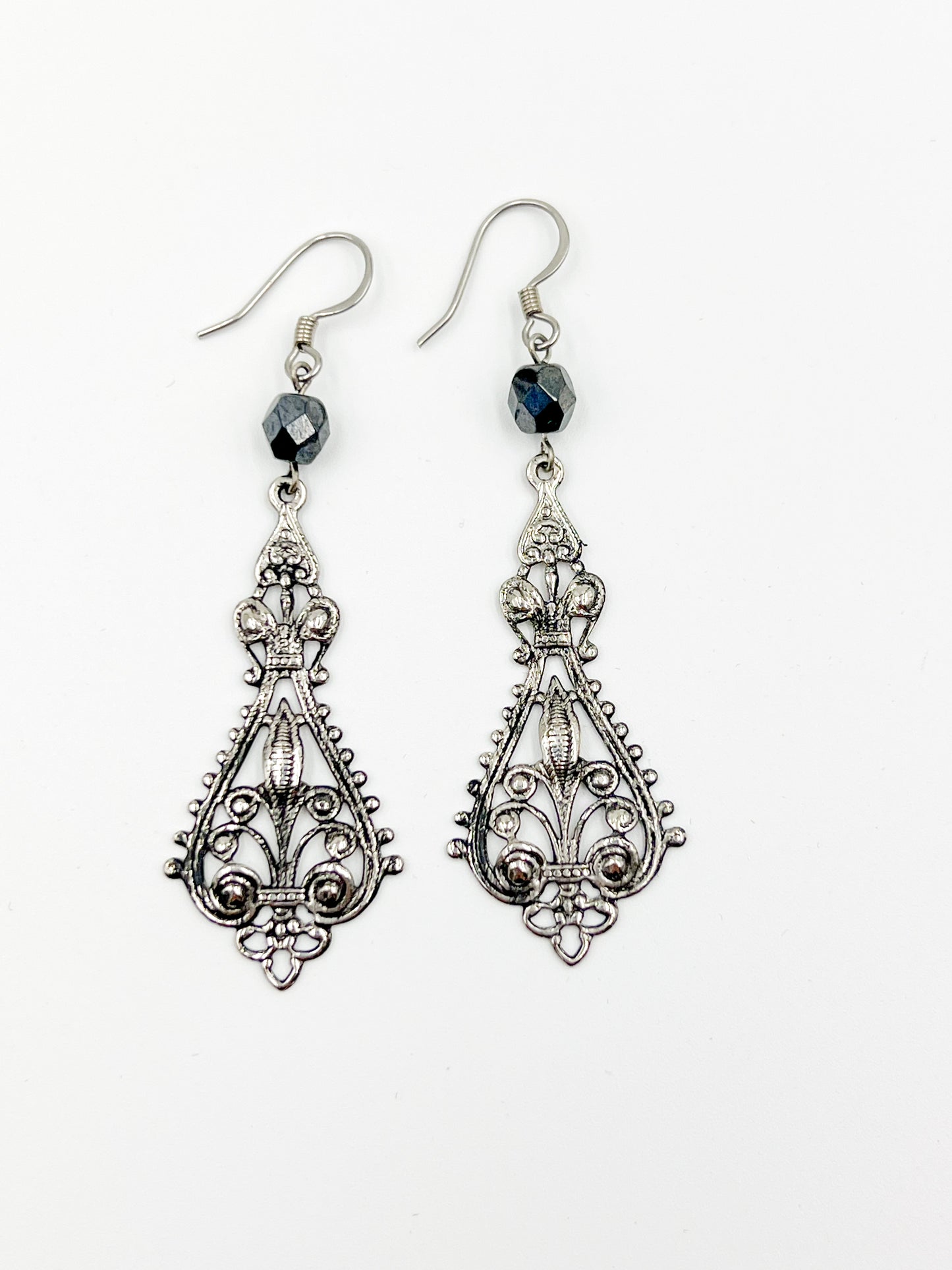 Filigree Fleur De Lis Earrings - Oxidized Silver