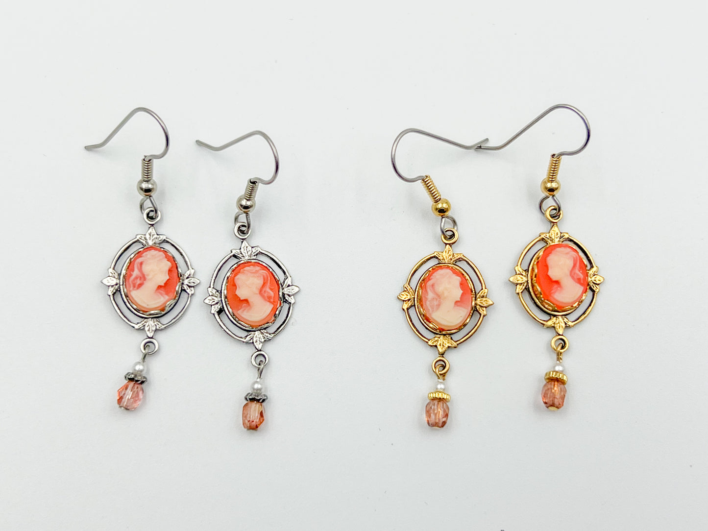 Ornate Peachy Pink Mini Cameo Earrings