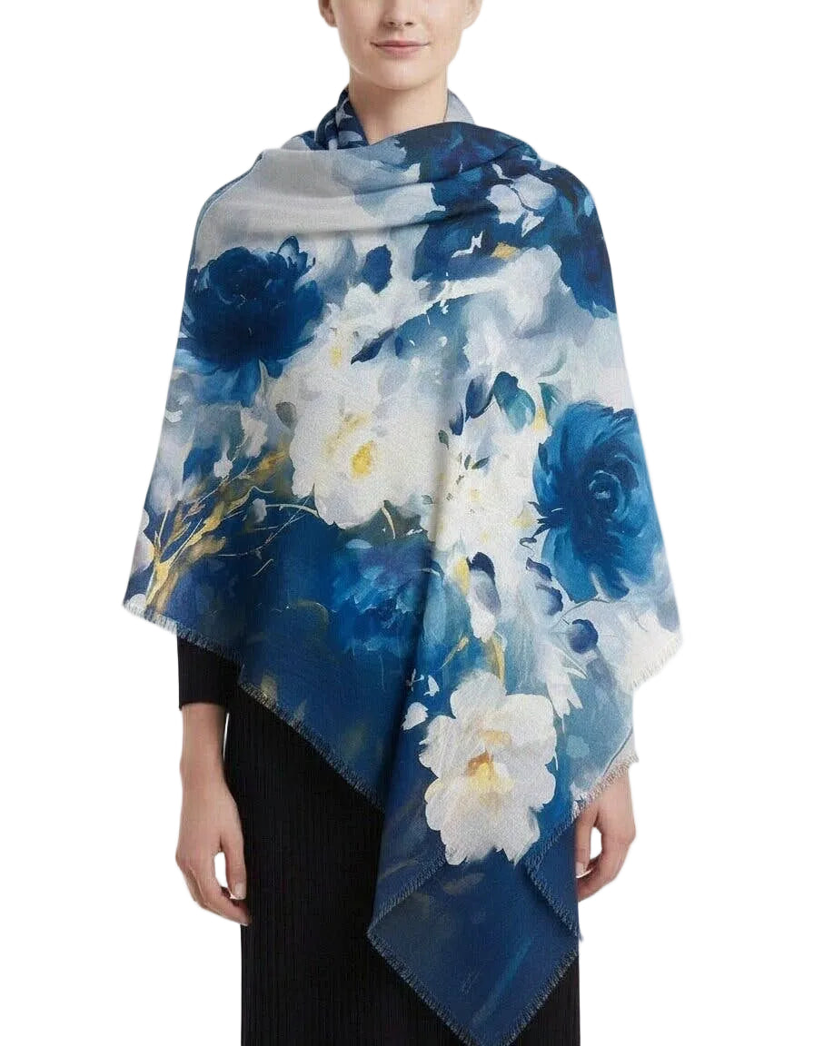 Woman wearing a blue floral scarf on a white background