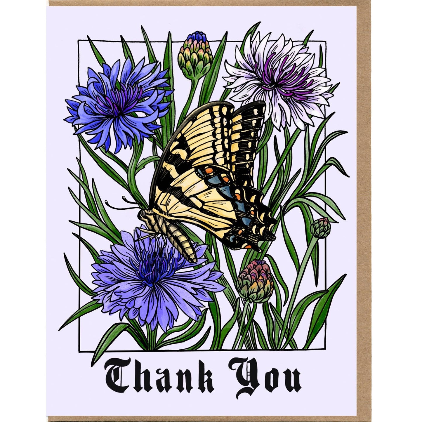 This Thank You card showcases the beautiful Swallowtail Butterfly and wild Bachelor Button flowers. • Designed by the talented Cayla Mattea Zeek in Lafayette, Louisiana, USA • Measures 4.25" x 5.5" when folded • Blank inside for your own heartfelt message • Printed on high-quality recycled cardstock • Comes with a recycled Kraft Brown envelope and eco-friendly clear sleeve made from plant-based materials for easy composting.