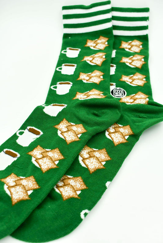 Green and White Unisex Socks with Coffee and Beignet graphics. Crew/Calf socks