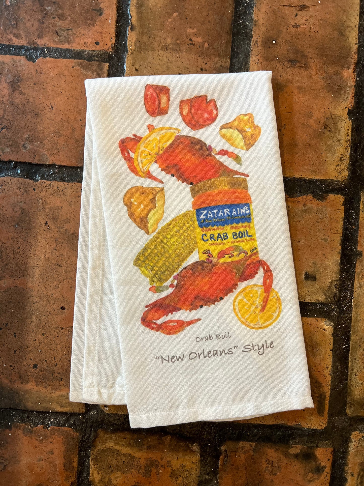 Crab Boil New Orleans Style Dish Towel Our 100% Cotton tea towel. Dimensions are approximately 20x25 inches. Care: machine wash, tumble low heat or line dry.