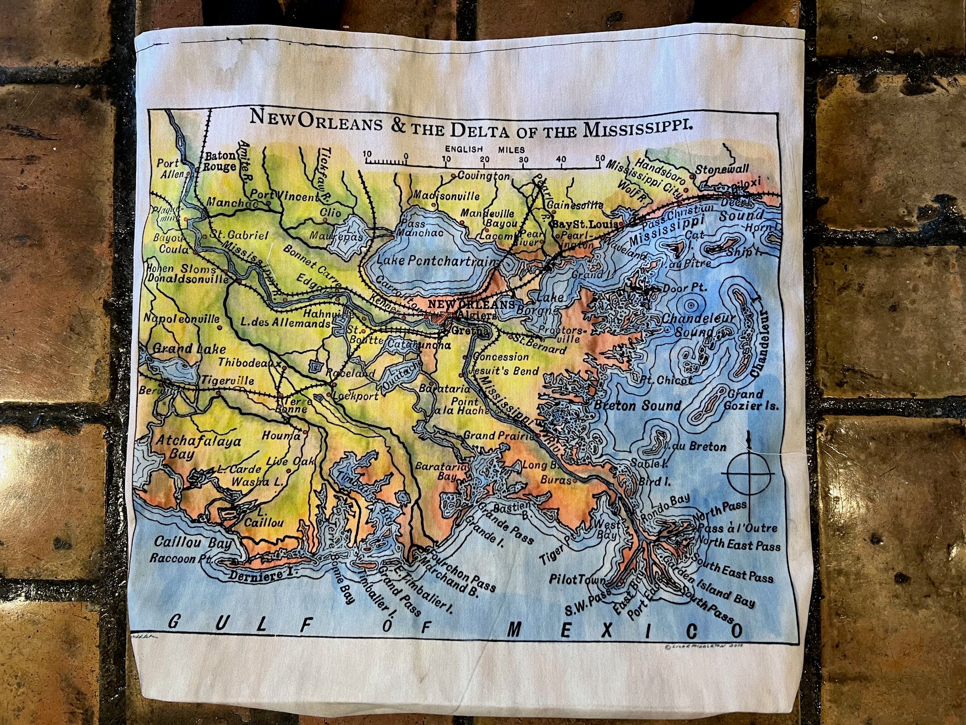 Beautiful hand painted reproduction of Bartholemew's Mississippi Delta 1906 map on a tote bag