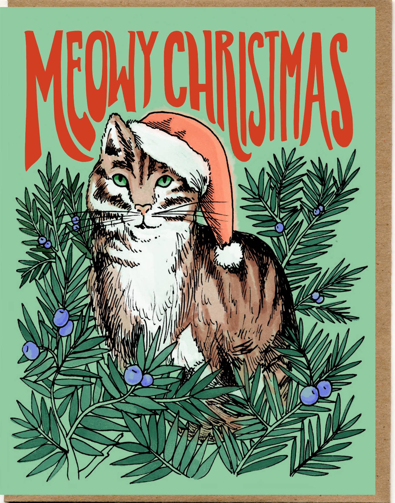 • "Meowy Christmas Card Designed by Cayla Mattea Zeek in Lafayette, LA" • Measures 4.25" x 5.5" Folded • Blank Inside for Your Creative Message • Made with Recycled Heavy Card-Stock Paper & Eco-Friendly Materials • Includes Recycled Kraft Envelope & Compostable PLA Sleeve!