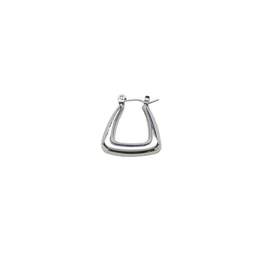 A polished silver-tone triangular hoop earring with a hinged post, shown on a plain light gray background.