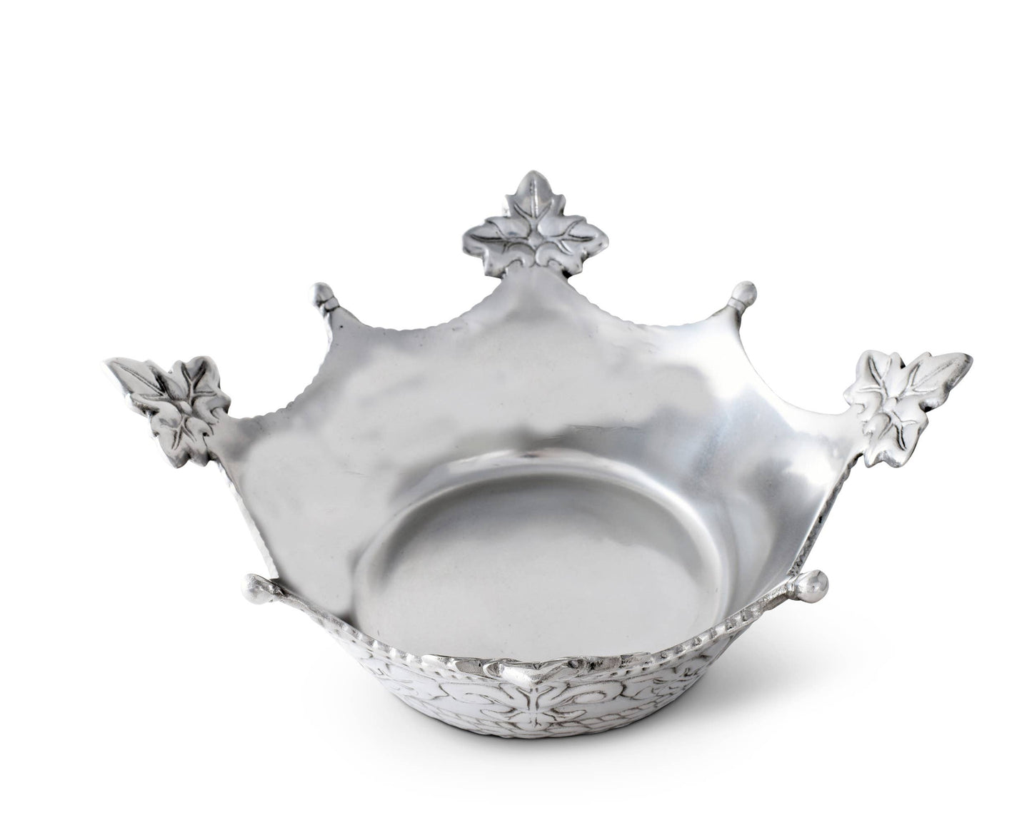 Mardi Gras Crown Serving Bowl: Sm - Diameter: 7" Gorgeous leaf motifs alternate between rounded points at the top of this piece, while a beaded pattern sweeps along its curved edges. Fleur-de-lis symbols accompany more leaf designs around the sides as a ropy pattern circles the base of this handmade, aluminum bowl.