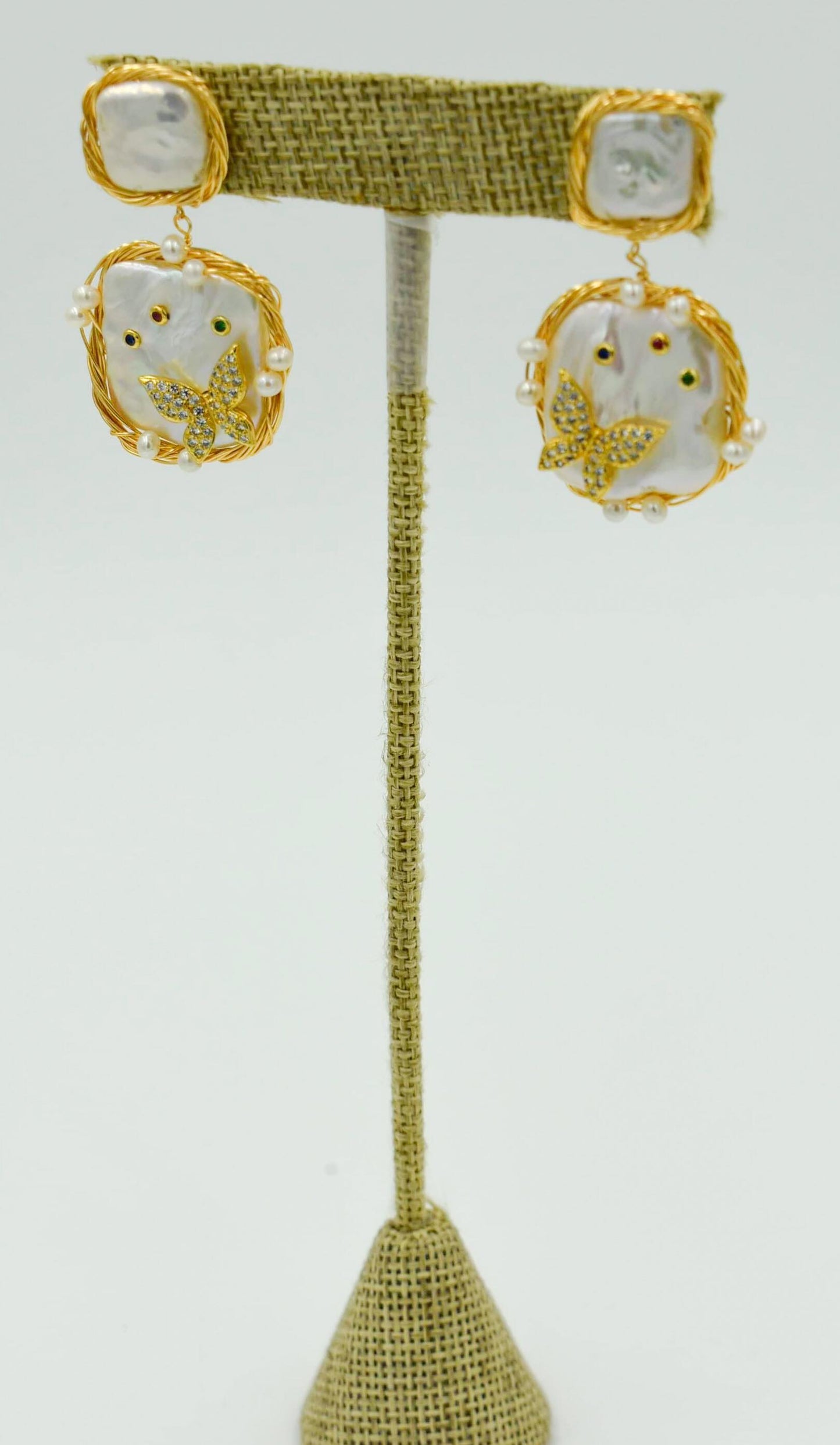 Butterfly, Freshwater Pearl 24k Gold Post earring 2" in length 