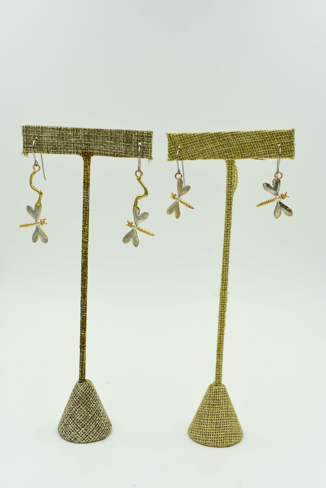 Small Dragonfly Earrings featuring the drop that measure 2" and single small dragonfly earringdown. Made from brass bronze and copper with sterling silver wire back