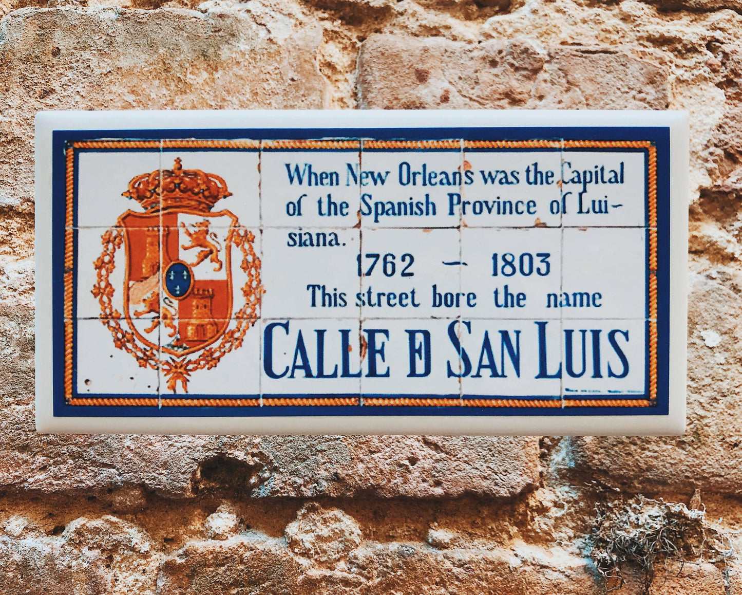 Replicas of the Spanish colonial street names found around the French Quarter. 6" x 3" tile  Locally made in Louisiana  Available names: Orleans, Bourbon, Plaza D' Armas, Real (Royal), Del Main (Dumaine) and San Luis (St. Louis)