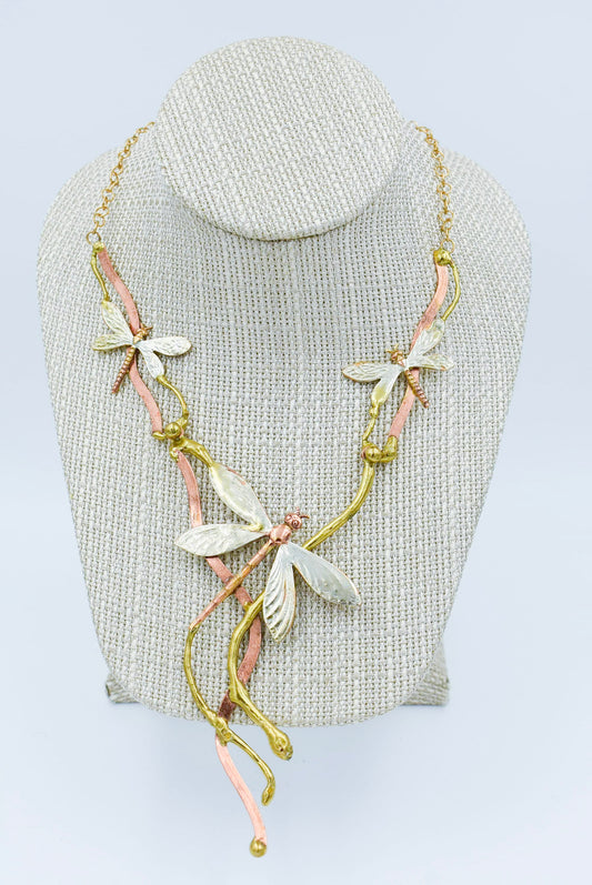 Dragonfly Necklace with three dragonflies on front. 20" adjustable to 22" Necklace can also be 16"-18"  Brass, bronze, and copper with silver  Local Louisiana Artist
