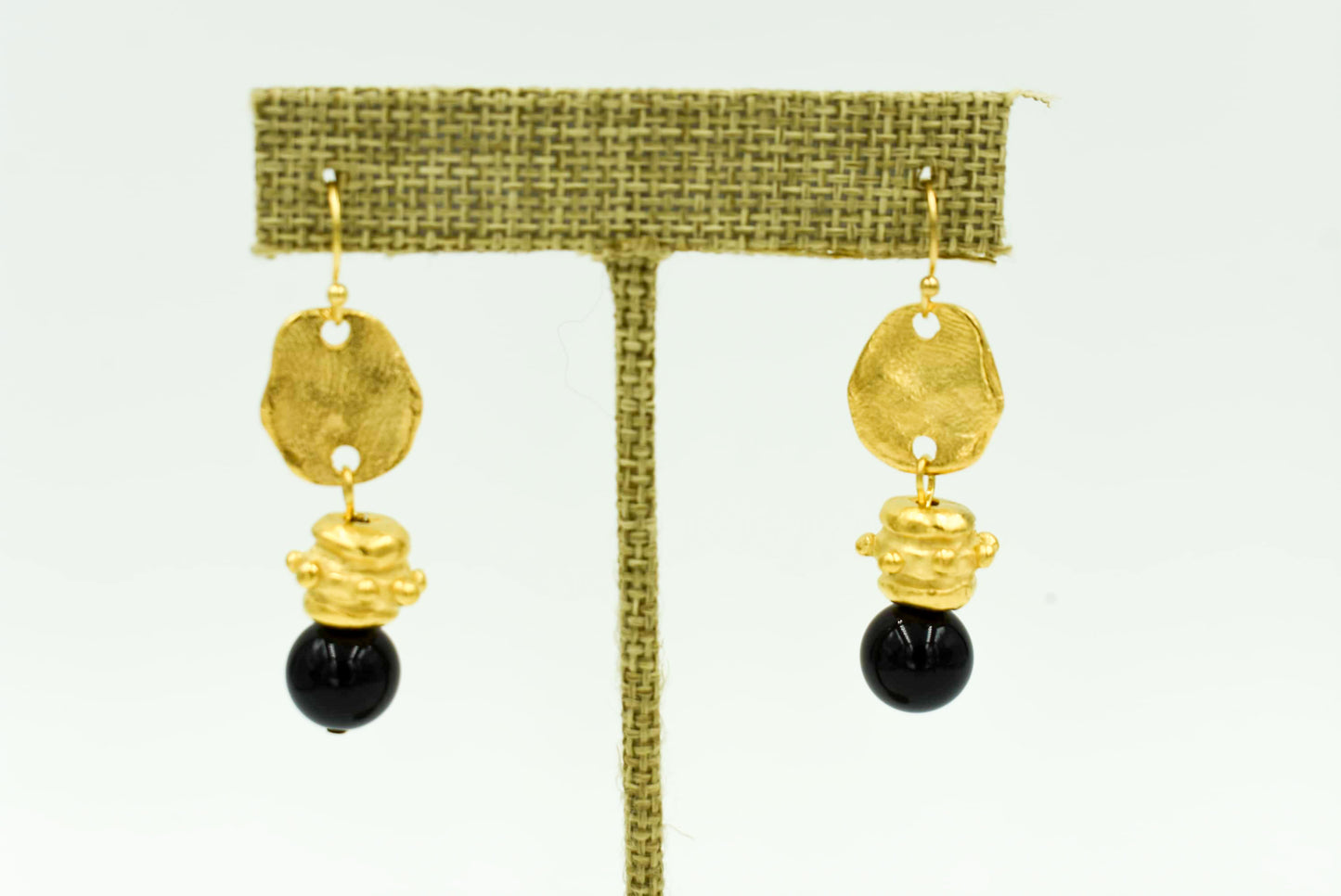 Triple plated 24k gold  Genuine onyx 1.88 inches long Wire Earring 