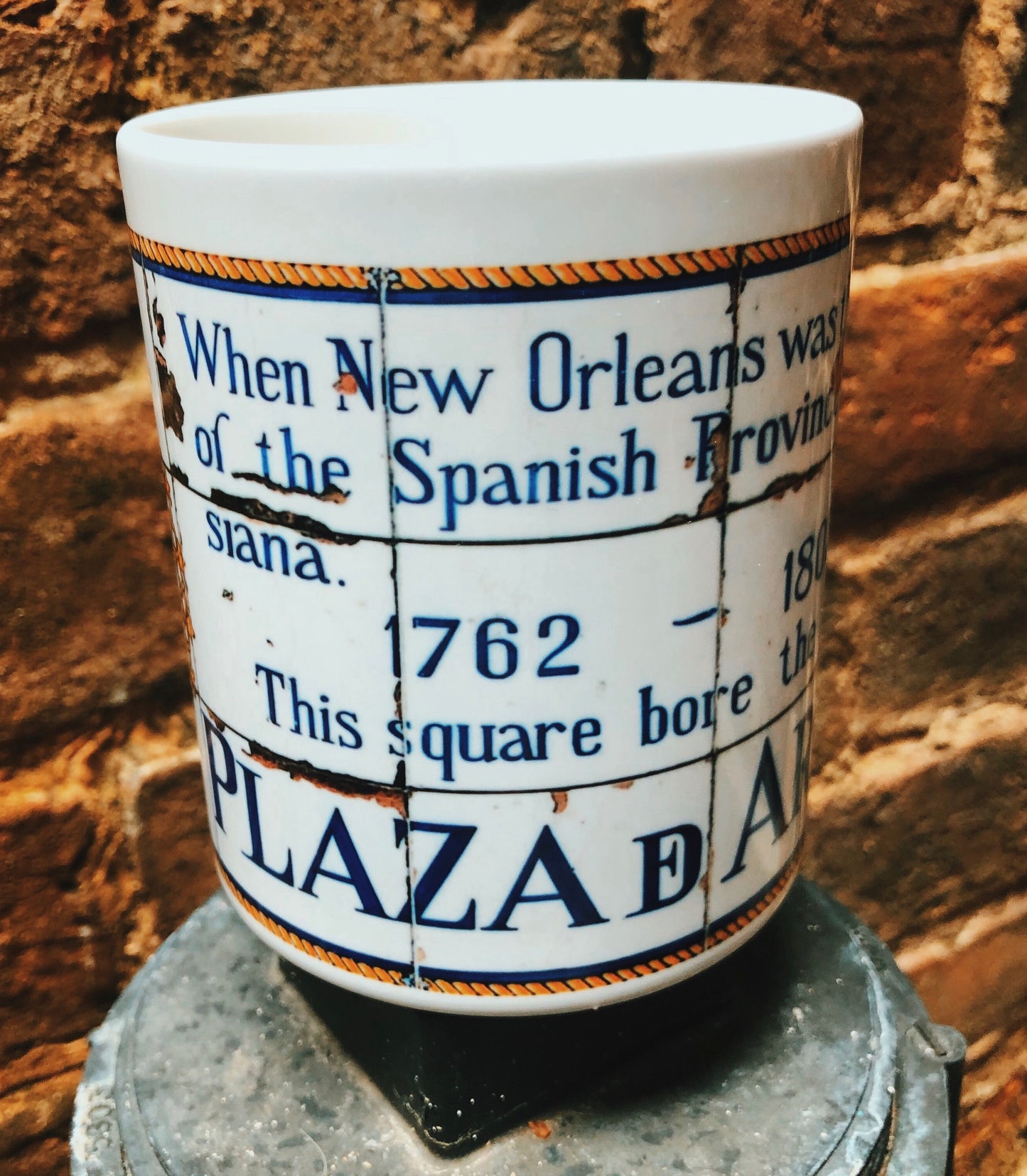 Replicas of the Spanish colonial street names found around the French Quarter. 11 oz mugs Microwave and dishwasher safe Locally made in Louisiana Available names: Orleans, Bourbon, Plaza D' Armas, Real (Royal), Del Main (Dumaine) and San Luis (St. Louis)