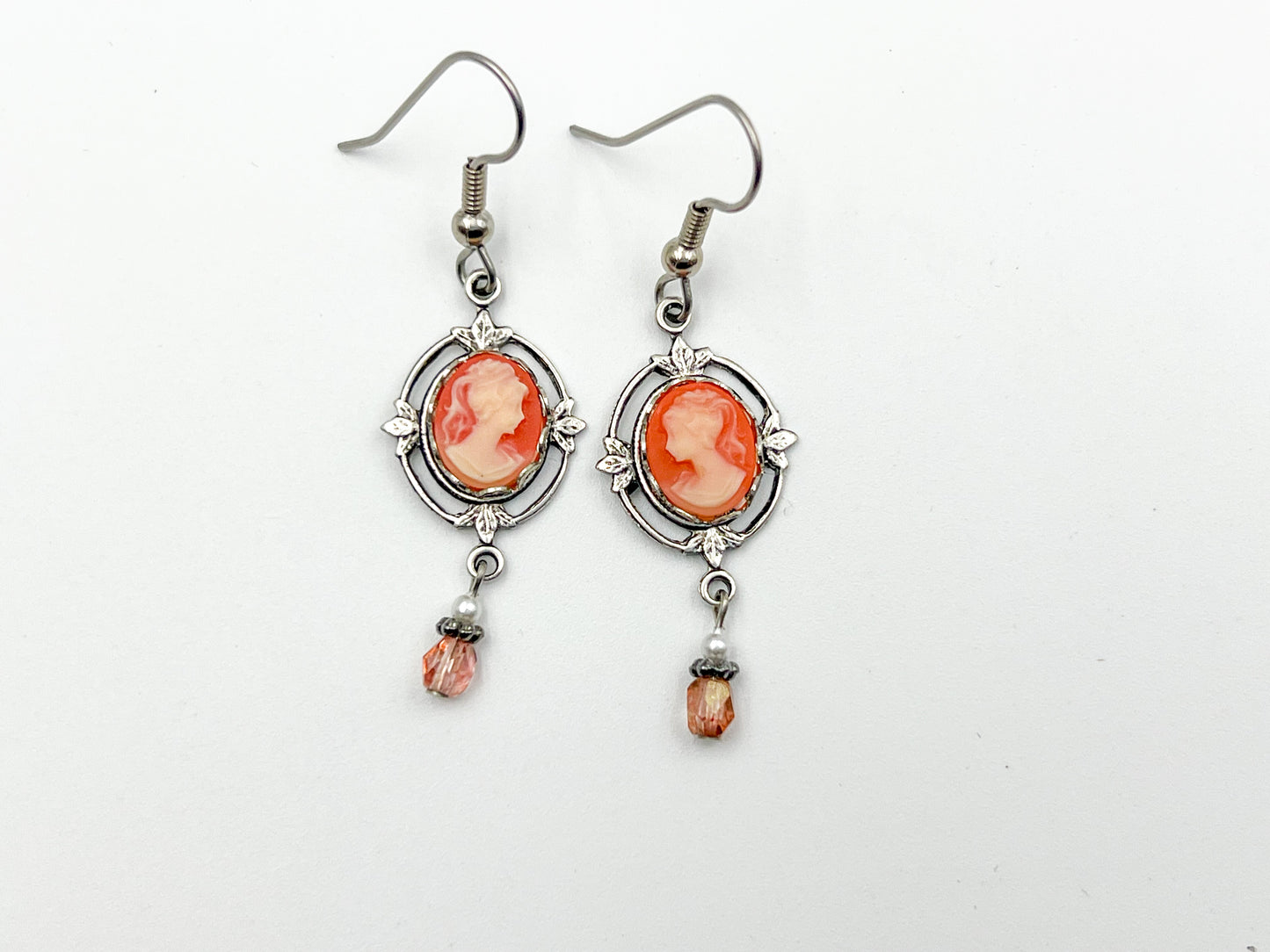 Ornate Peachy Pink Mini Cameo Earrings