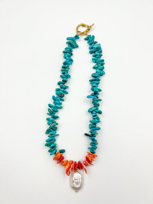 Spiny Coral + Turquoise Neckalce