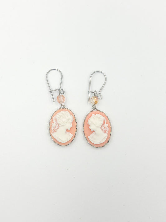 Pink Cameo Earrings - Silver