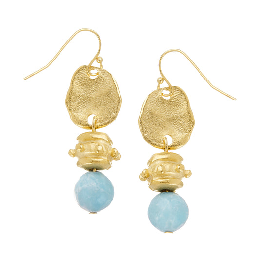 These medium-sized earrings showcase the renowned Susan Shaw design with a Blue Jasper stone. Their effortless design and understated touches make a subdued statement, giving any outfit that special touch - whether you're out for a meal or heading for a night out. The earrings have a wire back and are plated with 24k gold.