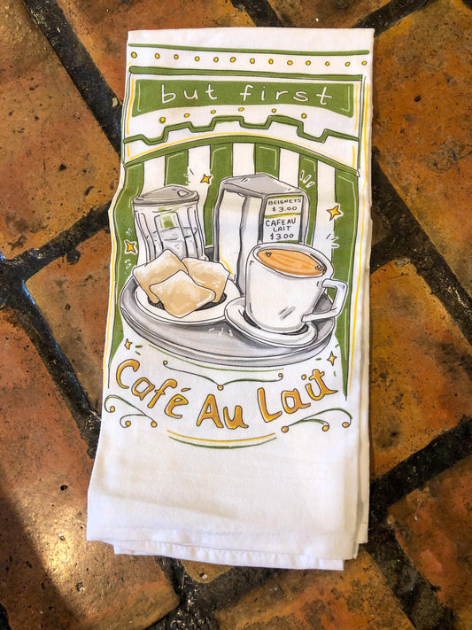 Cafe Au Lait and Beignet Dish Towels 18" x 28" 100% Cotton Towel Originally designed by Kristin Malone. All locally made. Machine wash in cold water with like colors. Use only non-chlorine bleach. Tumble dry without heat. Warm iron as needed.