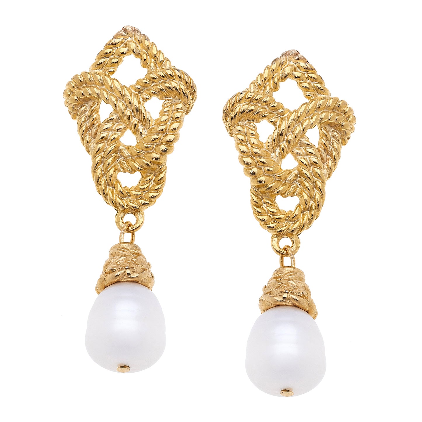 Susan Shaw's handcrafted Gold and Freshwater Pearl drop earrings are about an inch in length and feature a post-style closure. Get ready to add a touch of playful elegance to your look with these quirky, genuine pearl earrings!