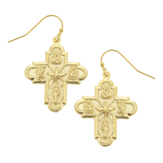 Choose between handcast gold or handcast silver, the Cross Earrings by Susan Shaw are offered in two colors and dangle about an inch with a wire back.