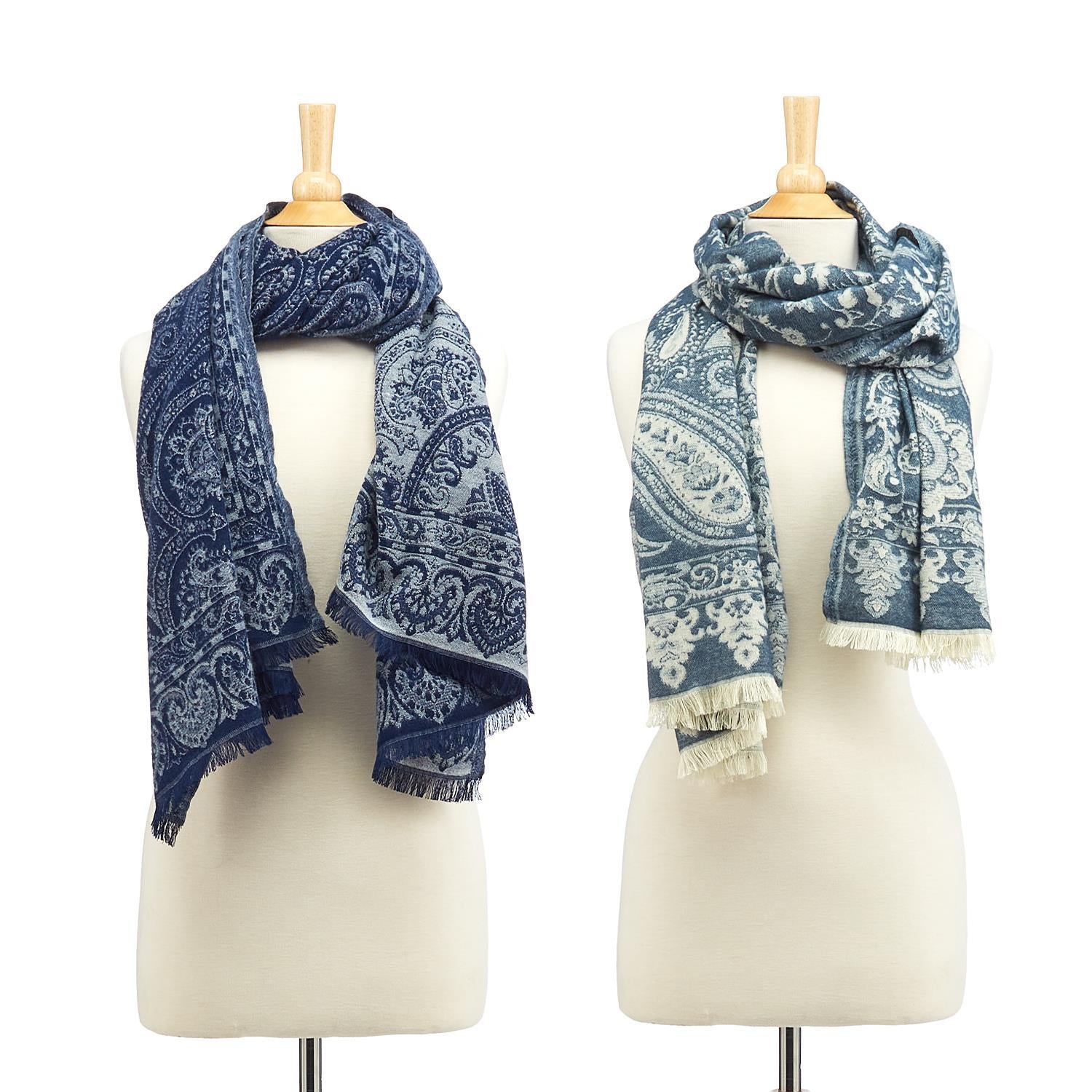 The perfect accessory to keep you warm and stylish during the colder months. These scarves feature a beautiful blue and white jacquard pattern that's both classic and on-trend.  Available in 2 colorways: dark or light 72"L Super soft brushed acrylic