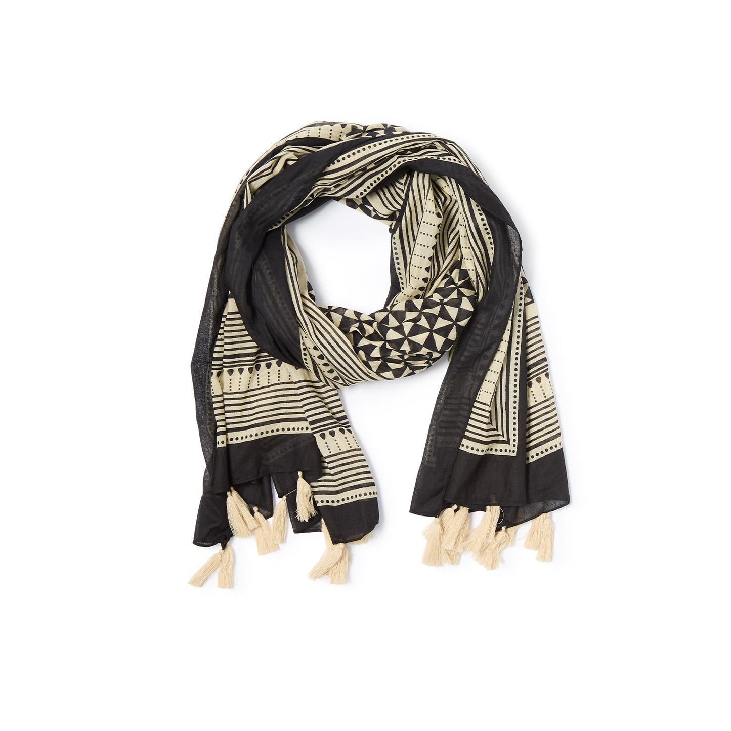 Black and Ivory Geometric Printed Scarf Sarong with Tassels