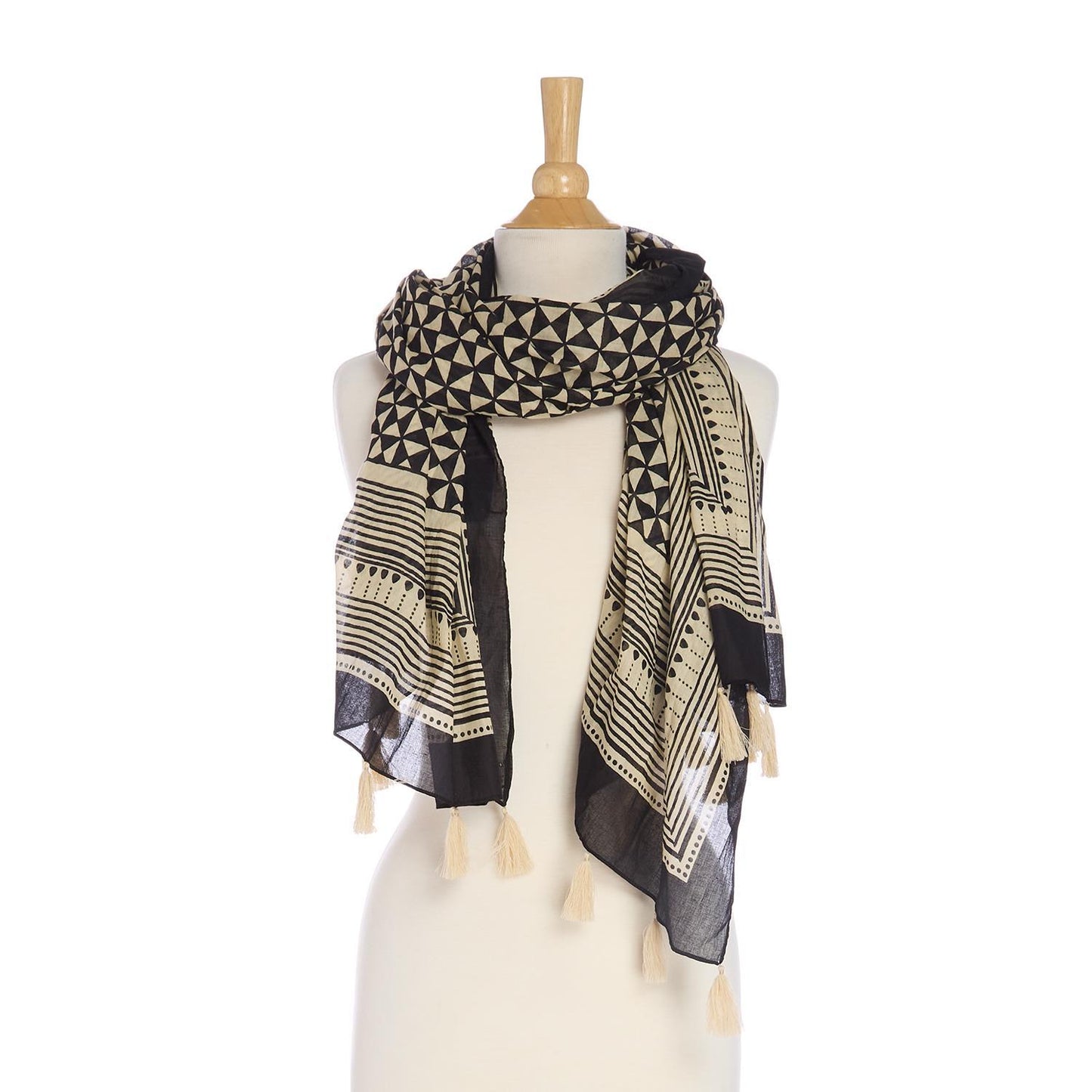 Black and Ivory Geometric Printed Scarf Sarong with Tassels