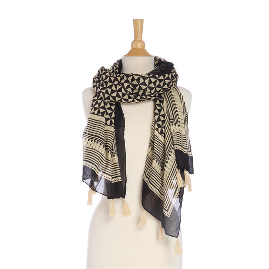 Black and Ivory Geometric Printed Scarf Sarong with Tassels