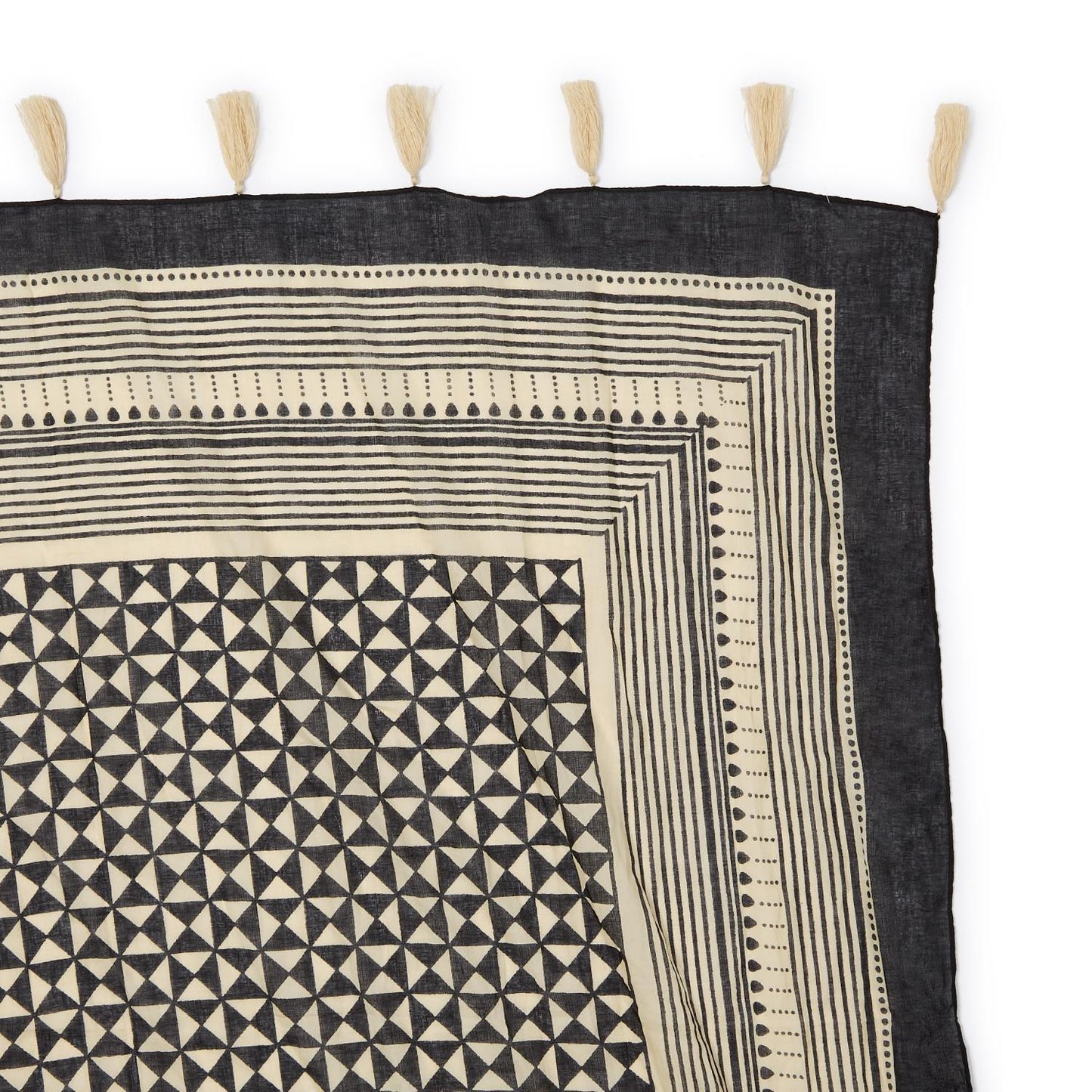 Black and Ivory Geometric Printed Scarf Sarong with Tassels