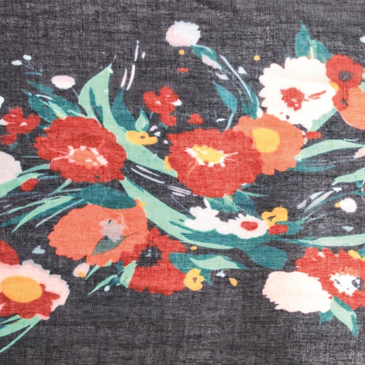 Black Flower Print Scarf with Long Fringe