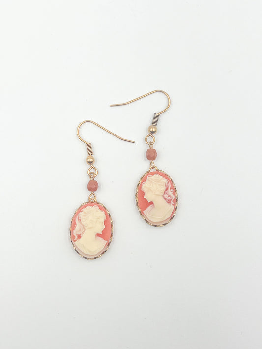 Peachy Pink Cameo Earrings - Gold
