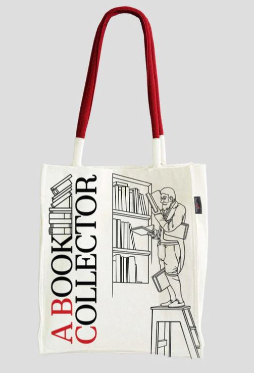 Canvas Shoulder Tote. White Bag with Red Handles. Design A Book Collector with A Guy Reading and Grabbing Books. ABC is highlighted in red