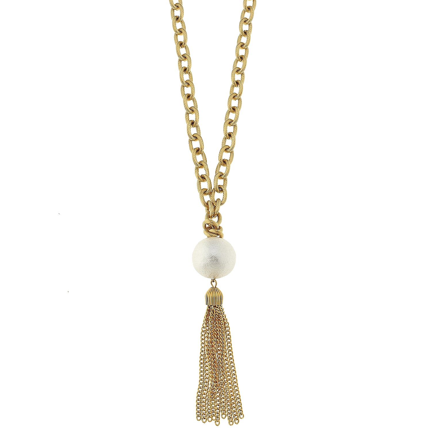 Susan Shaw's 32" Gold Chain with White Cotton Pearl and Tassel is the perfect quirky addition to any jewelry collection.