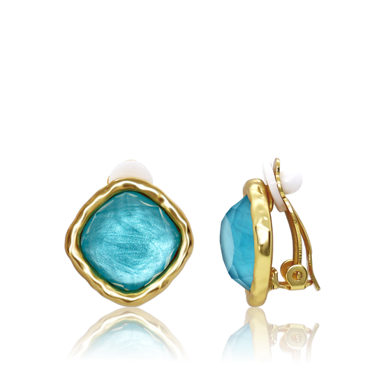 Iridescent Aquamarine Bezel Gem Clip-On Earrings