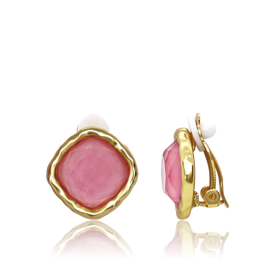 Peony Pink Bezel Gem Clip-On Earrings