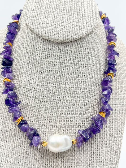 Amethyst & Genuine Freshwater Baroque Pearl Necklace