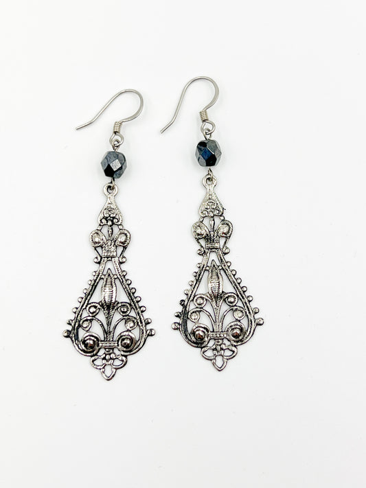 Filigree Fleur De Lis Earrings - Oxidized Silver
