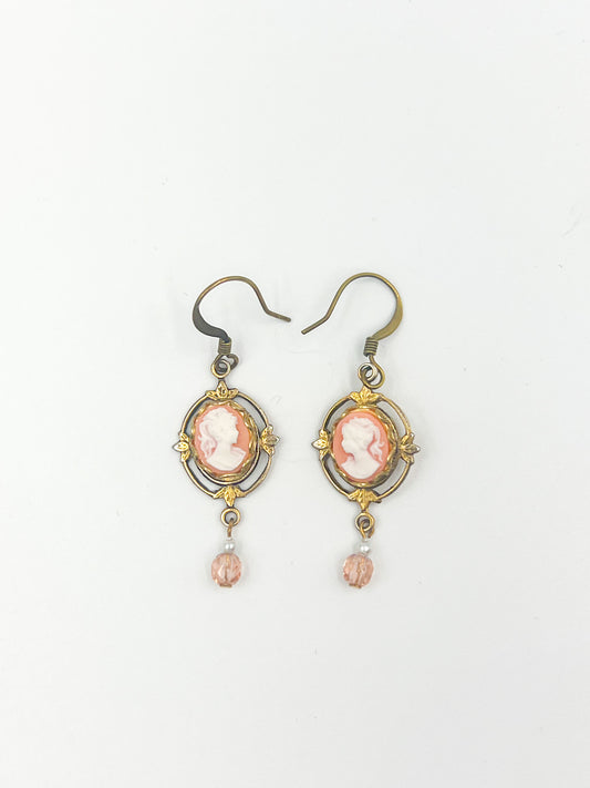 Pink Mini Cameo Earrings - Ornate Gold Setting