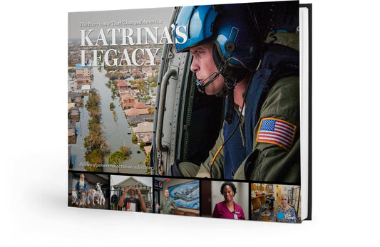 Book titled 'Katrina's Legacy' with a person in a helicopter on the cover