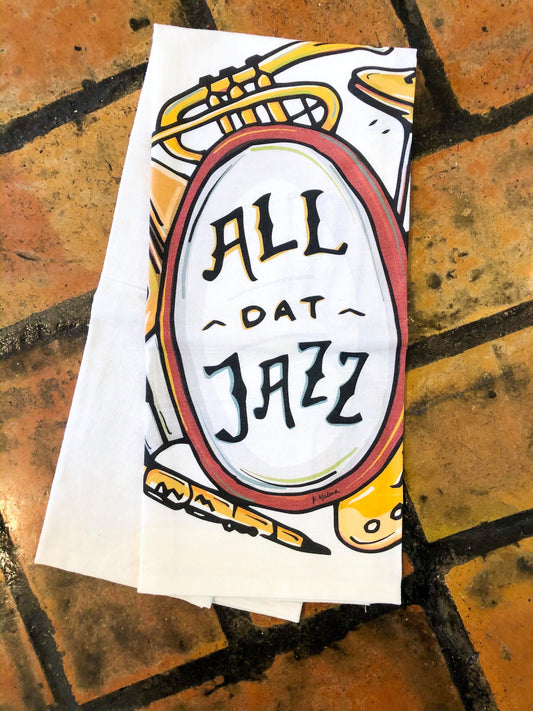 All Dat Jazz Dish Towel. 18" x 28" 100% Cotton Towel Originally designed by Kristin Malone. All locally made. Machine wash in cold water with like colors. Use only non-chlorine bleach. Tumble dry without heat. Warm iron as needed