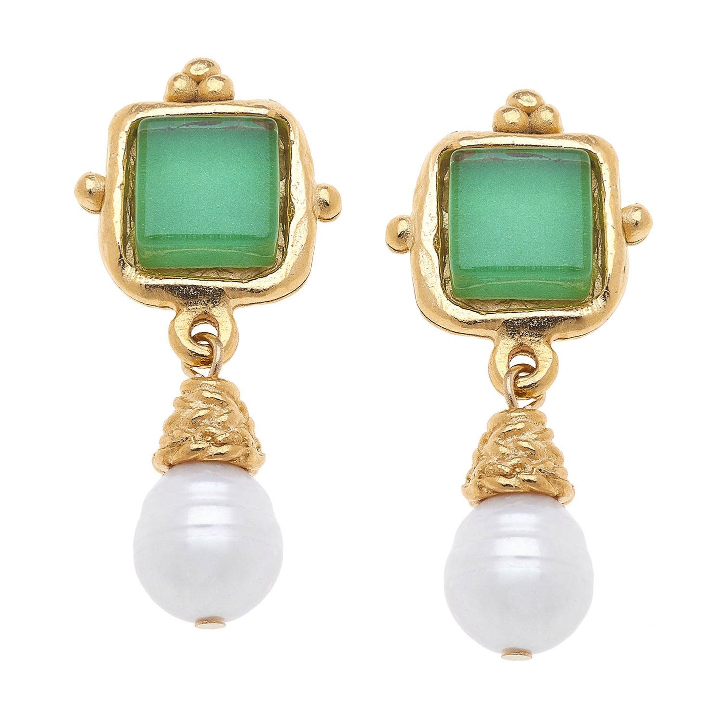 Green French Glass + Pearl Drop Earrings