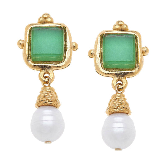Green French Glass + Pearl Drop Earrings