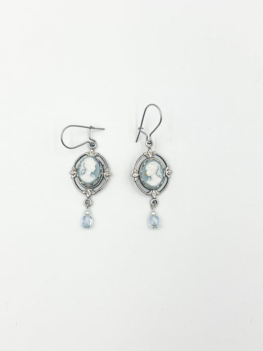 Blue Mini Cameo Earrings - Ornate Silver Setting