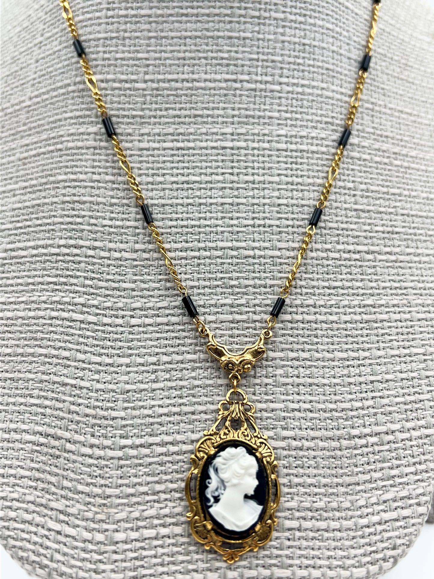Black Victorian Cameo Necklace - Gold