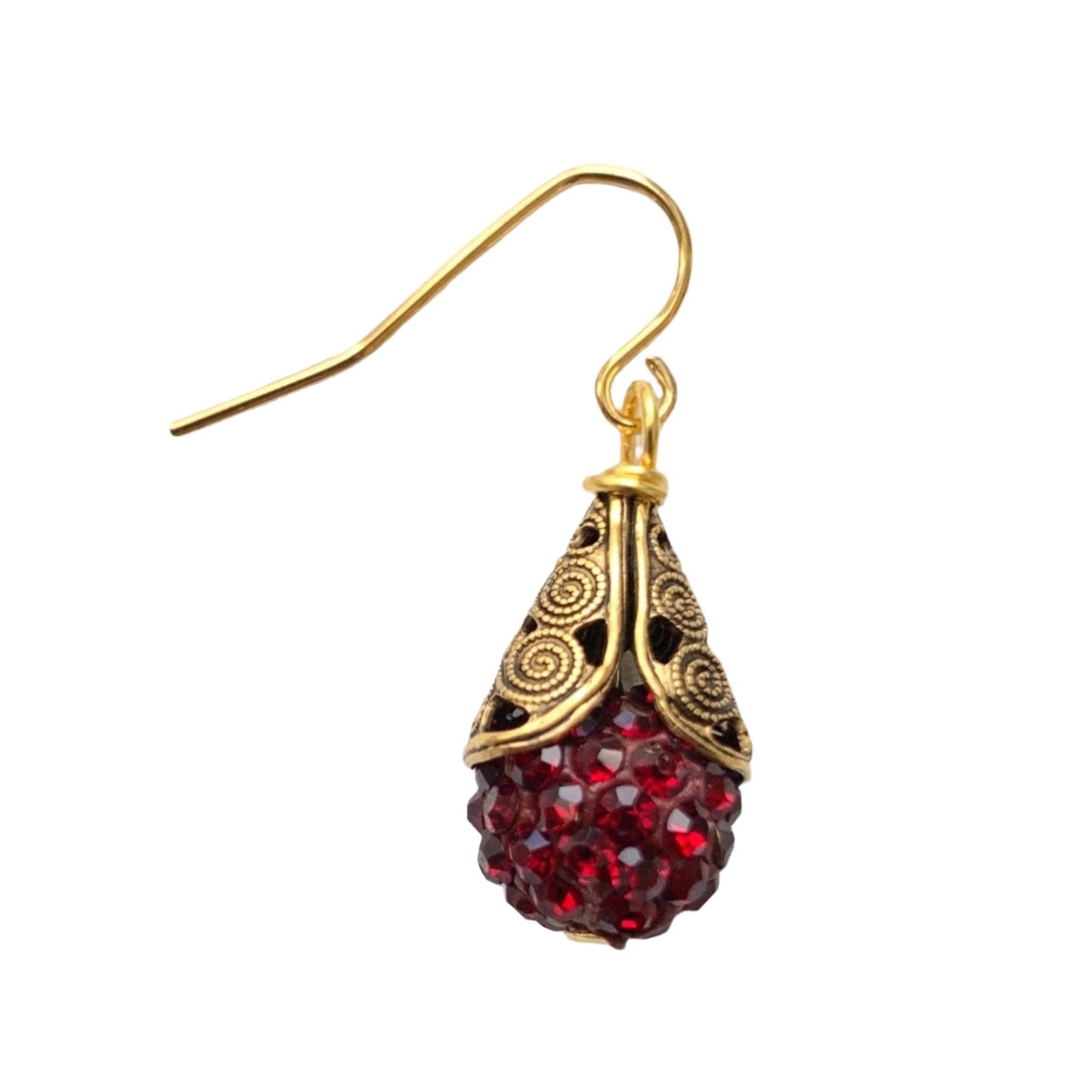 This is a classic earring style that never leaves the Lenora Dame collection. Sparkling rhinestone paves cupped into high-quality gold plated brass filigree bead caps with detailed scrolled etching give these earrings a high-end vintage earring look. Perfect gift or treat yourself to this earring that's perfect to add a little bling and sparkle to casual or special occasion outfits. 1" drop; Handmade in the USA.