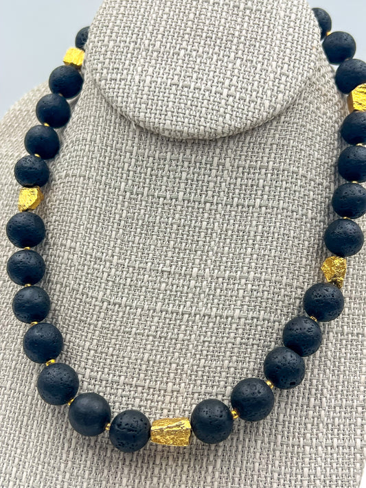 Natural Lava Rock & Iron Pyrite Necklace